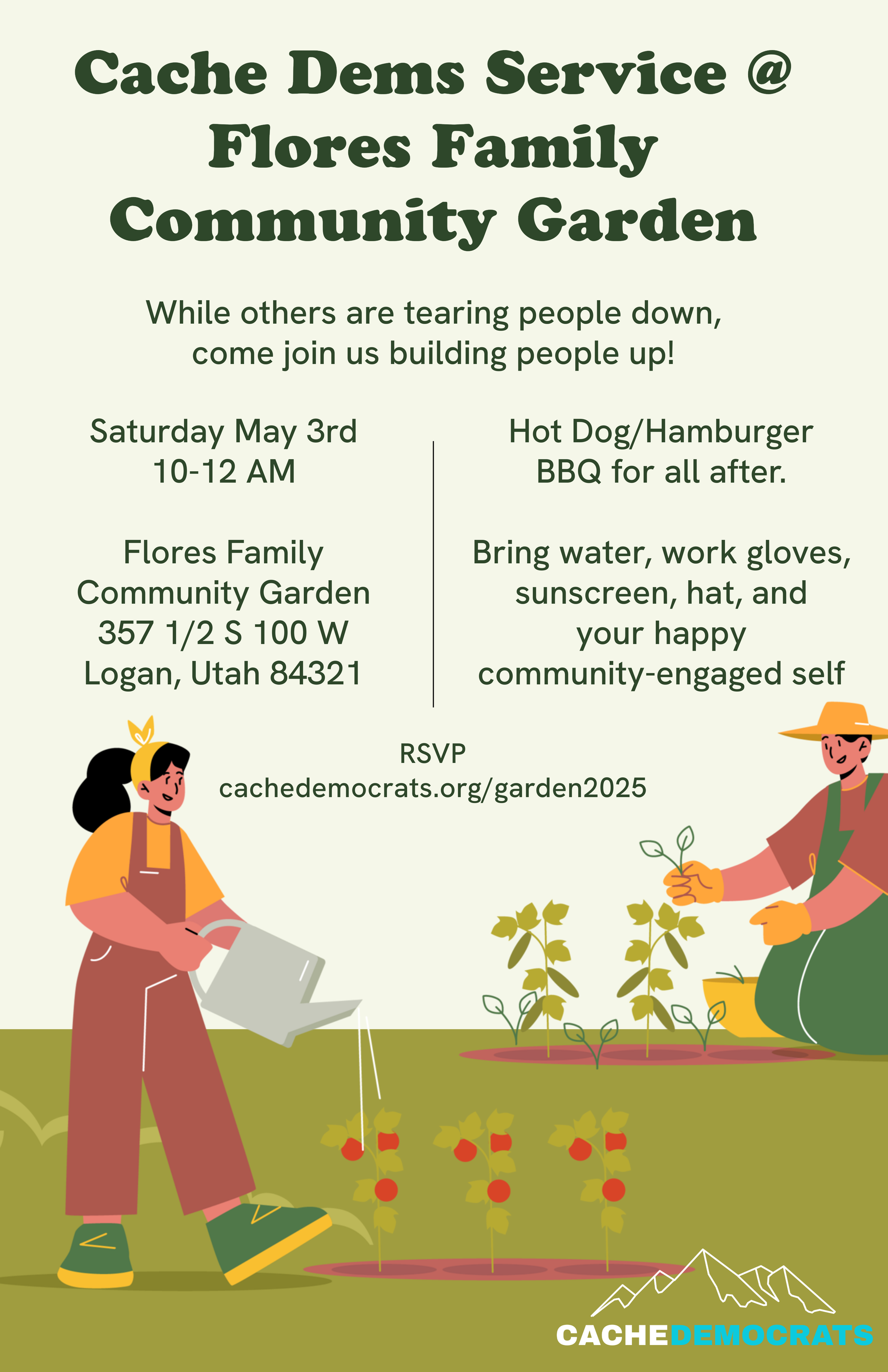 A flyer depicting a couple of gardeners working in their garden, with information about the event. Information is below